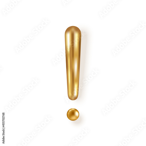 3d gold exclamation mark isolated on white background. Vector illustration. Golden attention sign icon