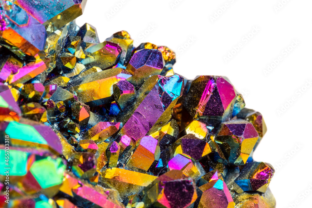 Macro mineral stone Titanium Quartz, Flame Aura Quartz on a white background Macro mineral stone Titanium Quartz, Flame Aura Quartz on a white background