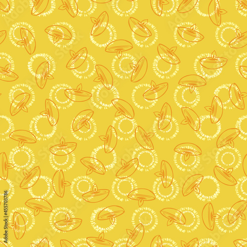 Vector yellow Diwali festival with simple lamp and circle effects seamless pattern background. Perfect for fabric, wrapping paper and wallpaper projects. Surface pattern design.