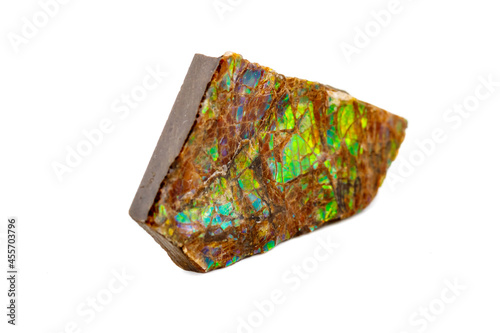 Macro of the mineral stone ammolite on white background