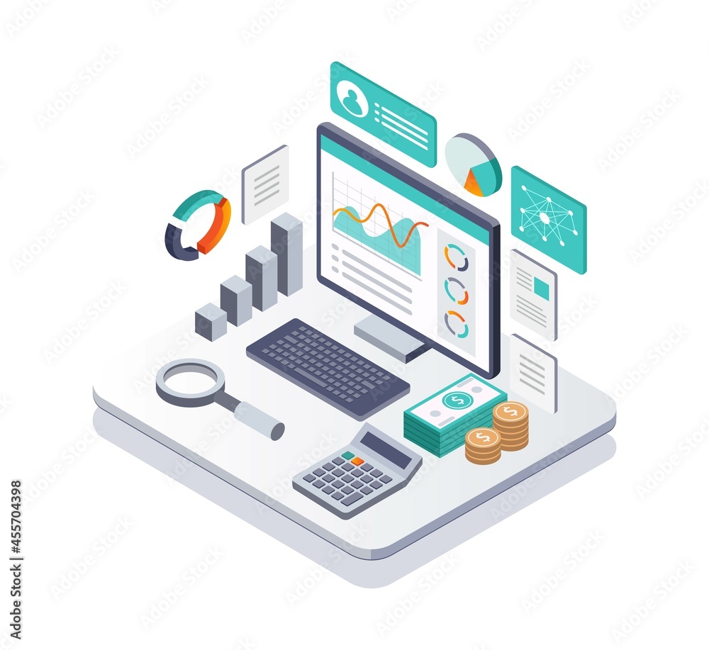 Isometric illustration design concept. a computer with data analysis and search tools Isometric illustration design concept. a computer with data analysis and search tools