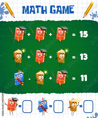 Math game worksheet with cartoon school textbooks and books, vector education maze. Kids math puzzle with addition and subtraction of mathematics numbers, logic learning test and brain teaser