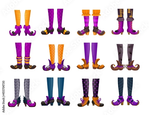 Cartoon legs of fairy witch or sorceress hellcat, elf or enchantress, vector icons. Witch legs in stockings and fairy boots or shoes with buckle buttons, Halloween witch or hellcat enchantress feet