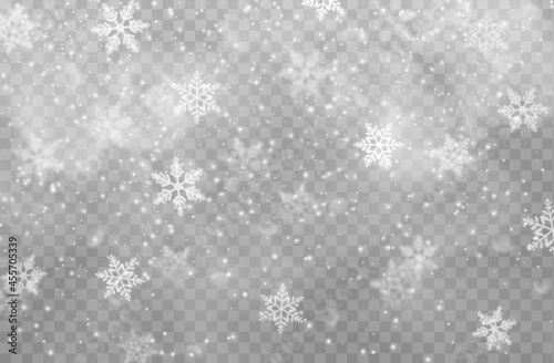 Christmas snowflakes or Xmas snow on transparent background. Vector pattern of New Year winter holiday snowfall texture, falling snow flakes, cold ice and crystal frost, snowy weather or snowstorm