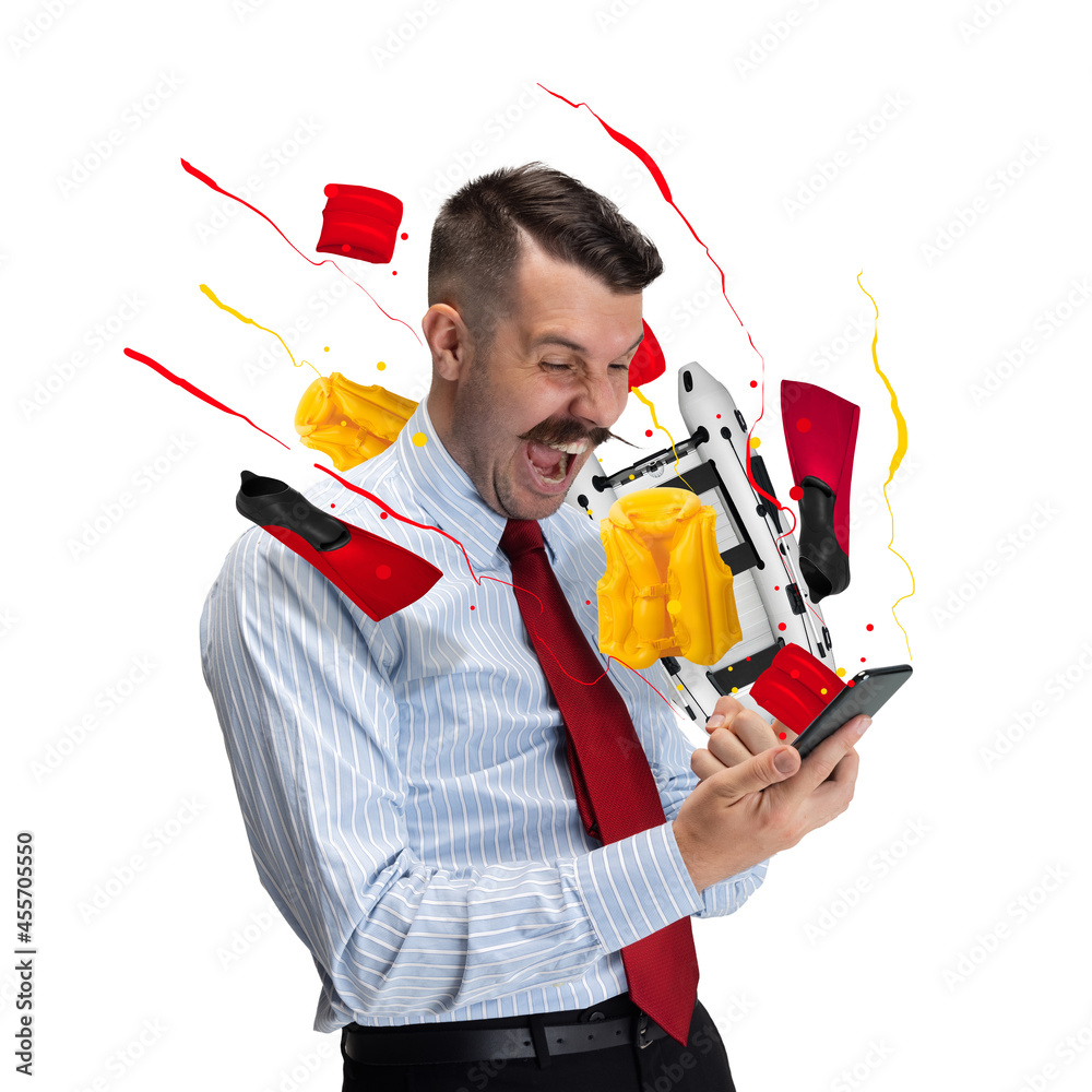 Φωτογραφία Contemporary artwork of excited man buying sports equipment online