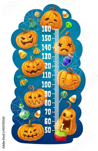 Kids height chart. Halloween pumpkin lanterns. Growth measuring meter for preschoolers with Jack o lanterns, Halloween holiday treats and spider web, lollypop candies, jellies and apple, magic potions