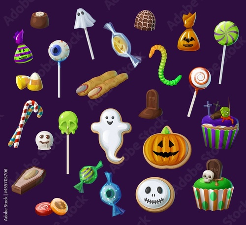 Halloween sweets, lollypops and candies, cupcakes, candy corn and witch fingers. Halloween creepy treats set, scary chocolate candies and cookies with skull, ghost and pumpkin, eye, worm and grave,
