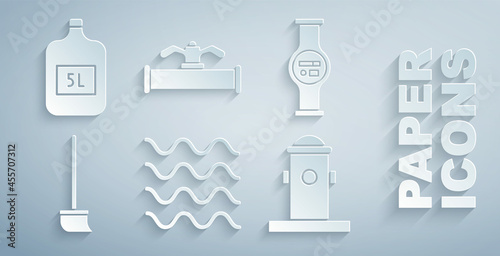 Set Wave, Water meter, Mop, Fire hydrant, Industry pipe and valve and Big bottle with clean water icon. Vector