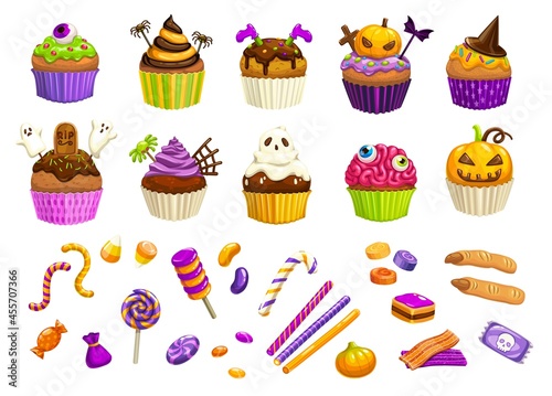 Cartoon Halloween sweets, cupcakes and witch fingers, candy corns lollipops and chocolate desserts, vector. Halloween trick or treat candies and cakes with pumpkin biscuit and tombstone pudding
