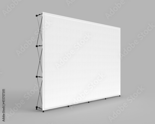 Fototapeta Naklejka Na Ścianę i Meble -  Wall Banner Cloth Exhibition Trade Stand, Photo realistic 3d render visualization of exhibition wall. White cloth skin isolated on grey background for mockups
