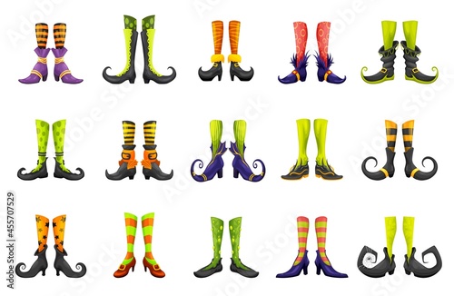 Cartoon legs of fairy witch sorceress or elf and enchantress, vector gnome boots. Halloween witch legs in striped stockings and shoes with buckles, fairy hag or hex sorceress magic boots
