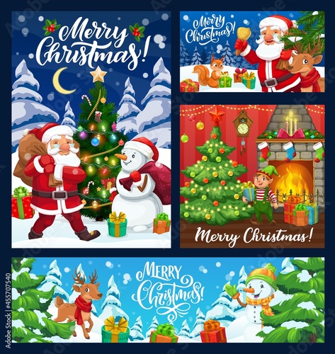 Santa  snowman  Christmas elf and reindeer with Xmas tree and winter holiday present vector greeting cards. Claus with Christmas bag  fireplace and socks  balls  lights  stars  candies and holly berry
