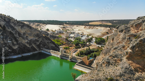 Panoramic view of the hydroelectric power station on the river Duraton, Spain, dron photography
