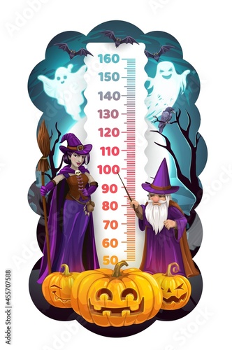 Halloween kids height chart with cartoon wizard and witch. Child growth measure vector scale with Halloween monsters, ghosts and bats, Jack o lantern pumpkin, raven on tree and fantasy sorcerers