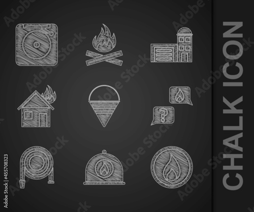 Set Fire cone bucket, Firefighter helmet, flame, Phone with emergency call 911, hose reel, in burning house, Building of fire station and Ringing alarm bell icon. Vector