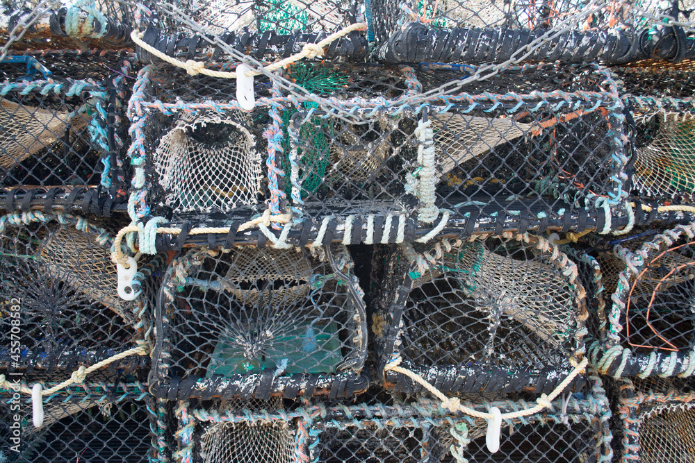 Fishing baskets found stacked up on the seaside town of Falmouth, UK Fishing baskets found stacked up on the seaside town of Falmouth, UK