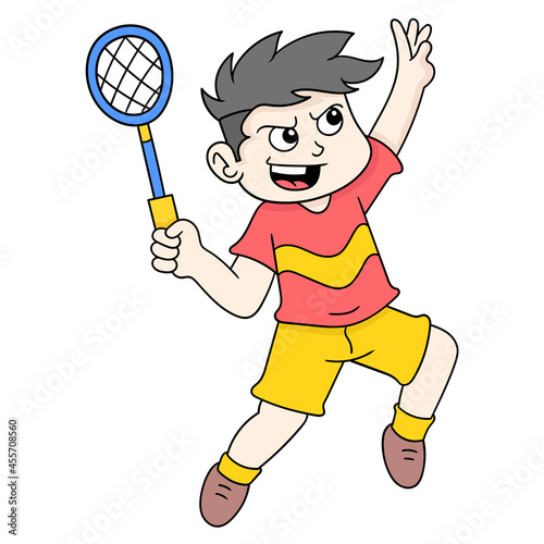 badminton athlete boy doing smash, doodle icon image kawaii