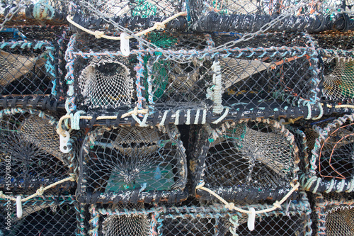 Fishing baskets found stacked up on the seaside town of Falmouth, UK