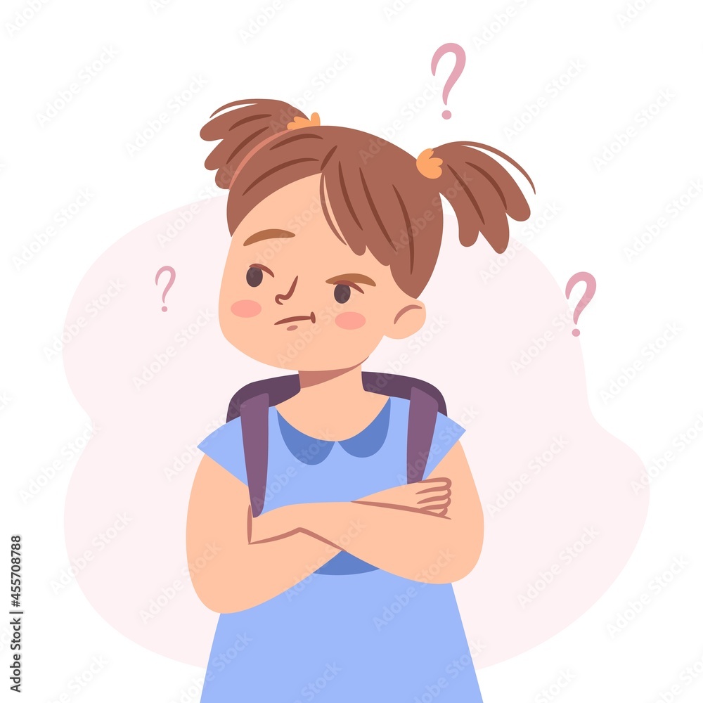 Cute confused little girl. Isolated young girl standing in doubt, thinking of dilemma. Puzzled kid with a backpack. Flat character vector illustration. Cute confused little girl. Isolated young girl standing in doubt, thinking of dilemma. Puzzled kid with a backpack. Flat character vector illustration.