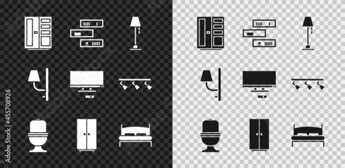 Set Wardrobe, Shelf with books, Floor lamp, Toilet bowl, Big bed, Wall sconce and Smart Tv icon. Vector