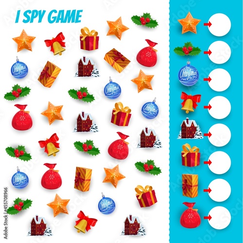 I spy game children education vector template of Christmas gifts counting puzzle. Logic riddle or quiz with task of search and count cartoon Xmas present box, Santa bag, holly berry, bell and star