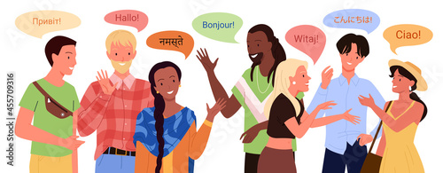 Multilingual people greeting vector illustration. Cartoon young man woman characters say hello in different foreign languages and smile, standing together with bubbles chat overhead isolated on white