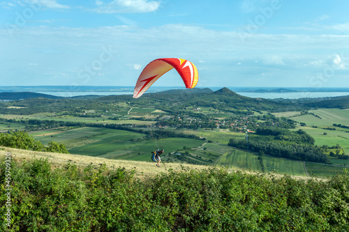 Paraglider over the mountains of lake Balaton in Hungary