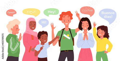 Cartoon group of multicultural multiethnic girl boy child characters standing, cute students waving hand background. Children greeting, school kids say hi in different languages vector illustration