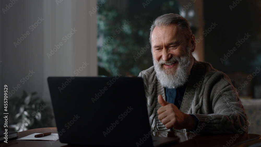 Happy gentleman having video call laptop home. Senior man using computer indoors