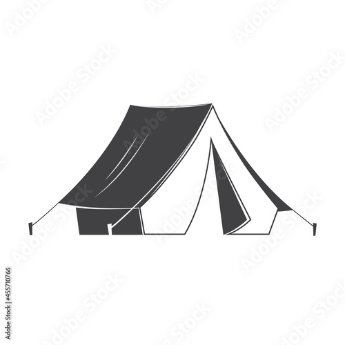 Camping tent silhoutte on white background. Vector illustration. Retro tourist camp tent with a canopy, reinforced with a rope with a peg. Equipment for camping, climbing, hiking, traveling