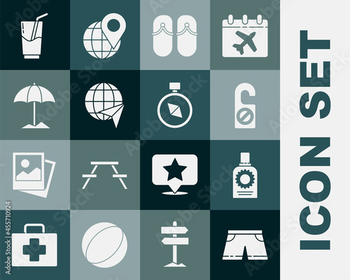 Set Swimming trunks, Sunscreen spray bottle, Please do not disturb, Flip flops, Globe with flying plane, protective umbrella for beach, Cocktail and alcohol drink and Compass icon. Vector