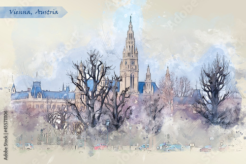 city life of Vienna, Austria,  in sketch style photo