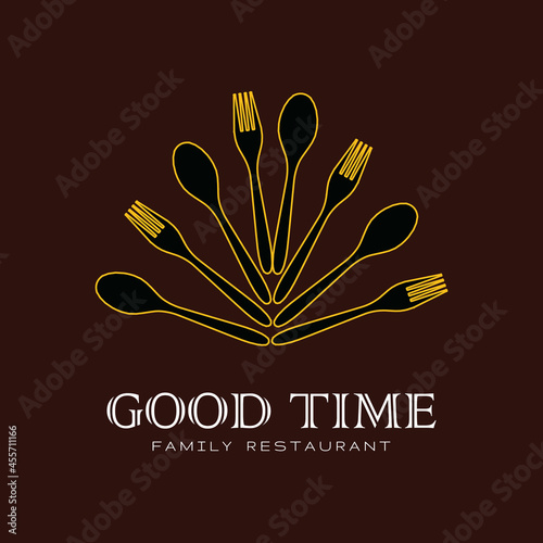 Restaurant logo design. The flat outline logo depicting 4 spoons and 4 forks in the form of abstract triangle or semicircle, with ‘Good Time’ text below and ‘Family Restaurant’ as tagline. EPS8.