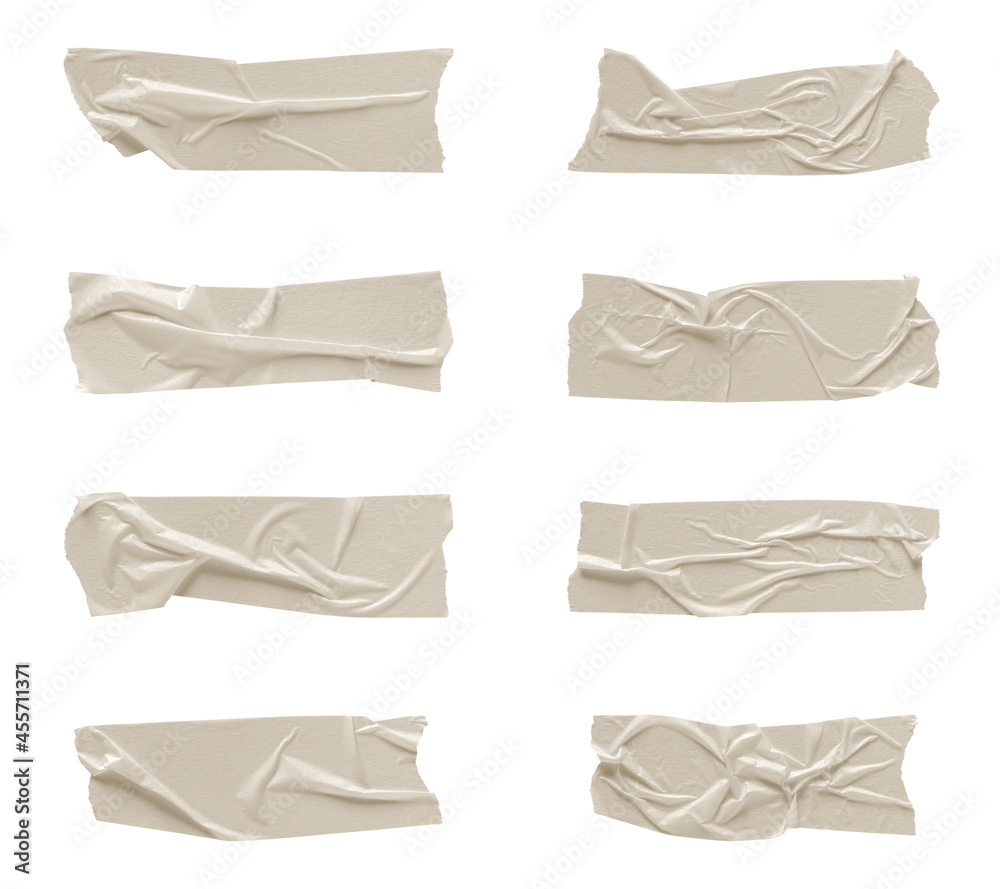 White wrinkled adhesive tape isolated on white background. White Sticky scotch tape of different sizes. White wrinkled adhesive tape isolated on white background. White Sticky scotch tape of different sizes.