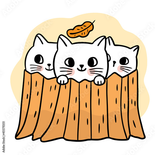 Hand draw cartoon cute Three cats  in log, Autumu vector. photo