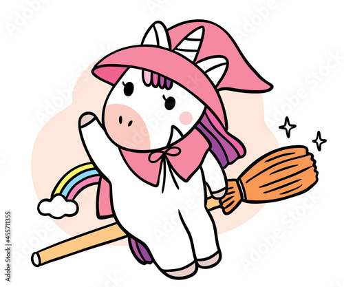 Hand draw cartoon cute, Halloween unicorn and broom vector.