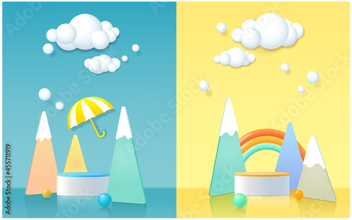 3D rendering podium, colorful pastel background, clouds and weather with empty space for kids or baby product.