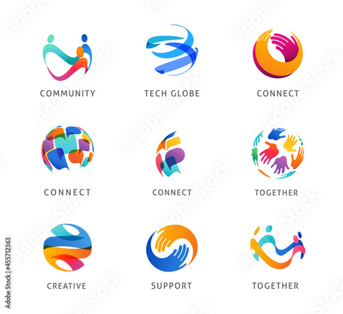 Logo set, creative, technology, biotechnology, tech icons concept design. Colorful abstract logos of creativity, community, ideas and support 