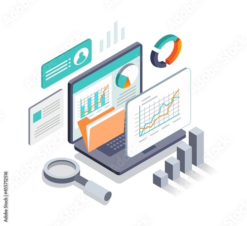 Isometric illustration design concept. data analyst and search professional laptop