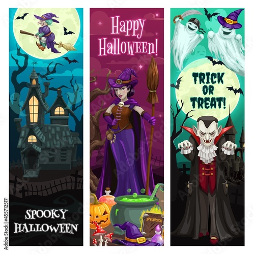 Halloween banners, party and horror night monsters, trick or treat holiday, vector. Happy Halloween spooky pumpkin lanterns, witches and monsters, vampire dracula and haunted house at cemetery