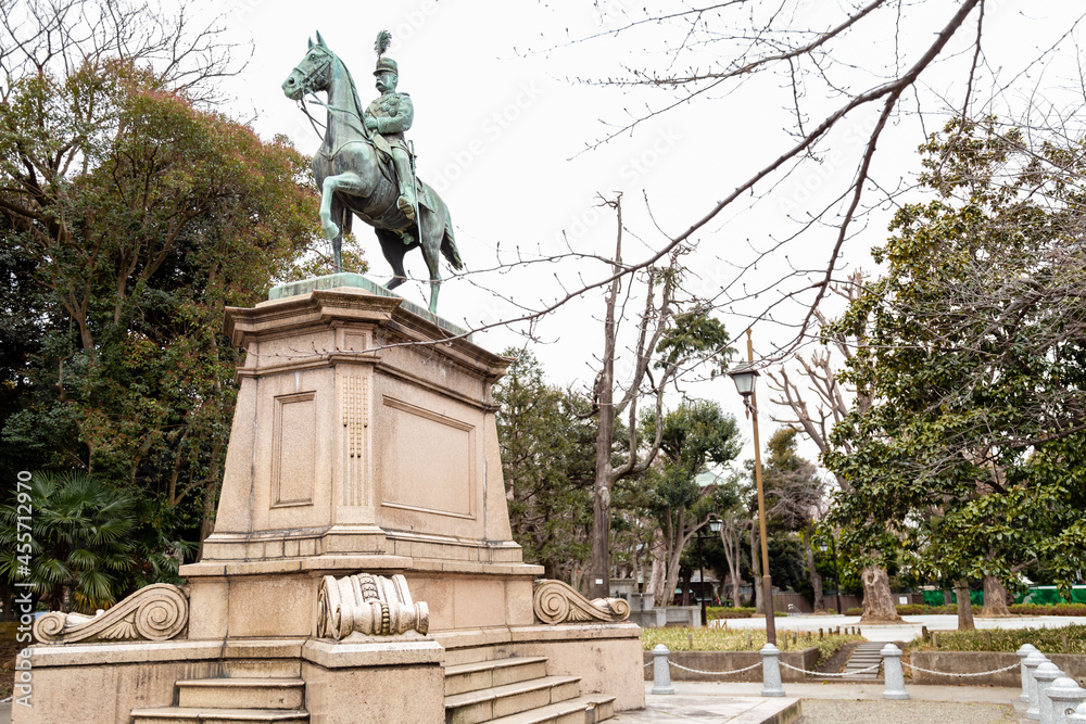 TOKYO,  JAPAN - FEBRUARY 8, 2019: Statue of Prince Komatsu Akihito (Komatsu no miya), Ueno Park, Tokyo