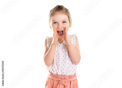 cute five year old caucasian girl yell isolated on white.