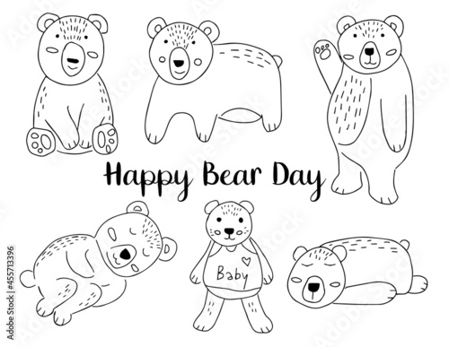 Happy Bear Day cartoon doodle style,line hand drawn,vector illustration.
