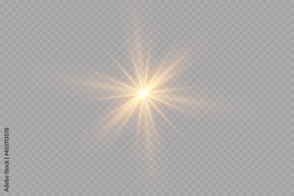 A set of light effects, golden stars, the sun is shining. sparkling particles.