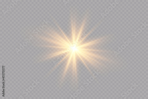 A set of light effects, golden stars, the sun is shining. sparkling particles.