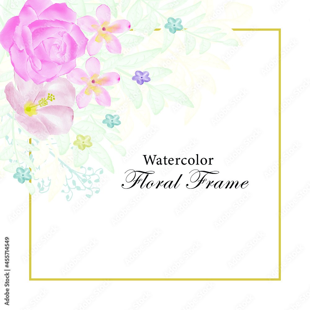 Golden floral frame background, splash with watercolor nature Free Vector
