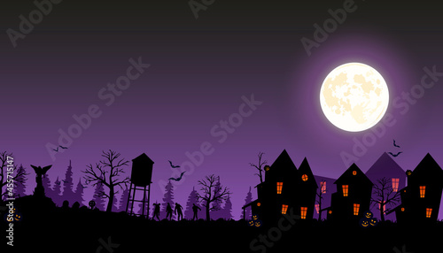 Halloween street with old houses and zombies. Vector illustration of Halloween 2021. Ominous cemetery, zombies and village.