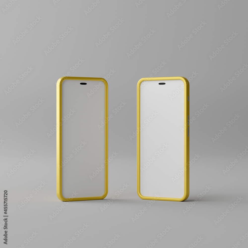 Two smart phone with blank screen on grey background. 3d rendering Two smart phone with blank screen on grey background. 3d rendering