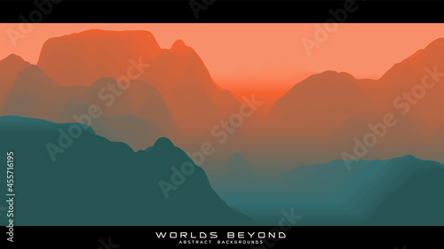 Abstract colorful landscape with misty fog till horizon over mountain slopes. Gradient eroded terrain surface. Worlds beyond.