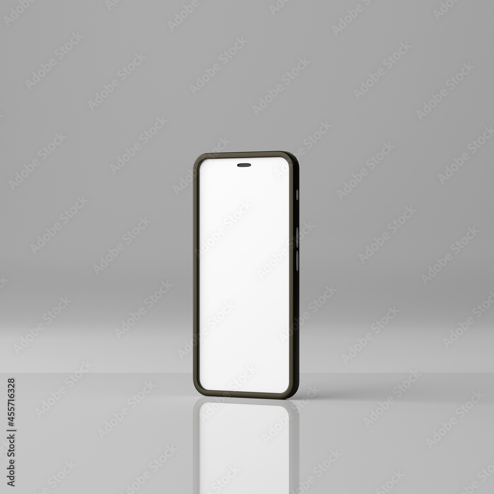 Smartphone mockup with blank white screen on a grey background. 3D Render